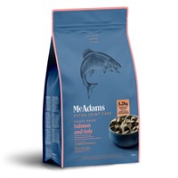 Dog food package with a blue label featuring a fish illustration on a white background
