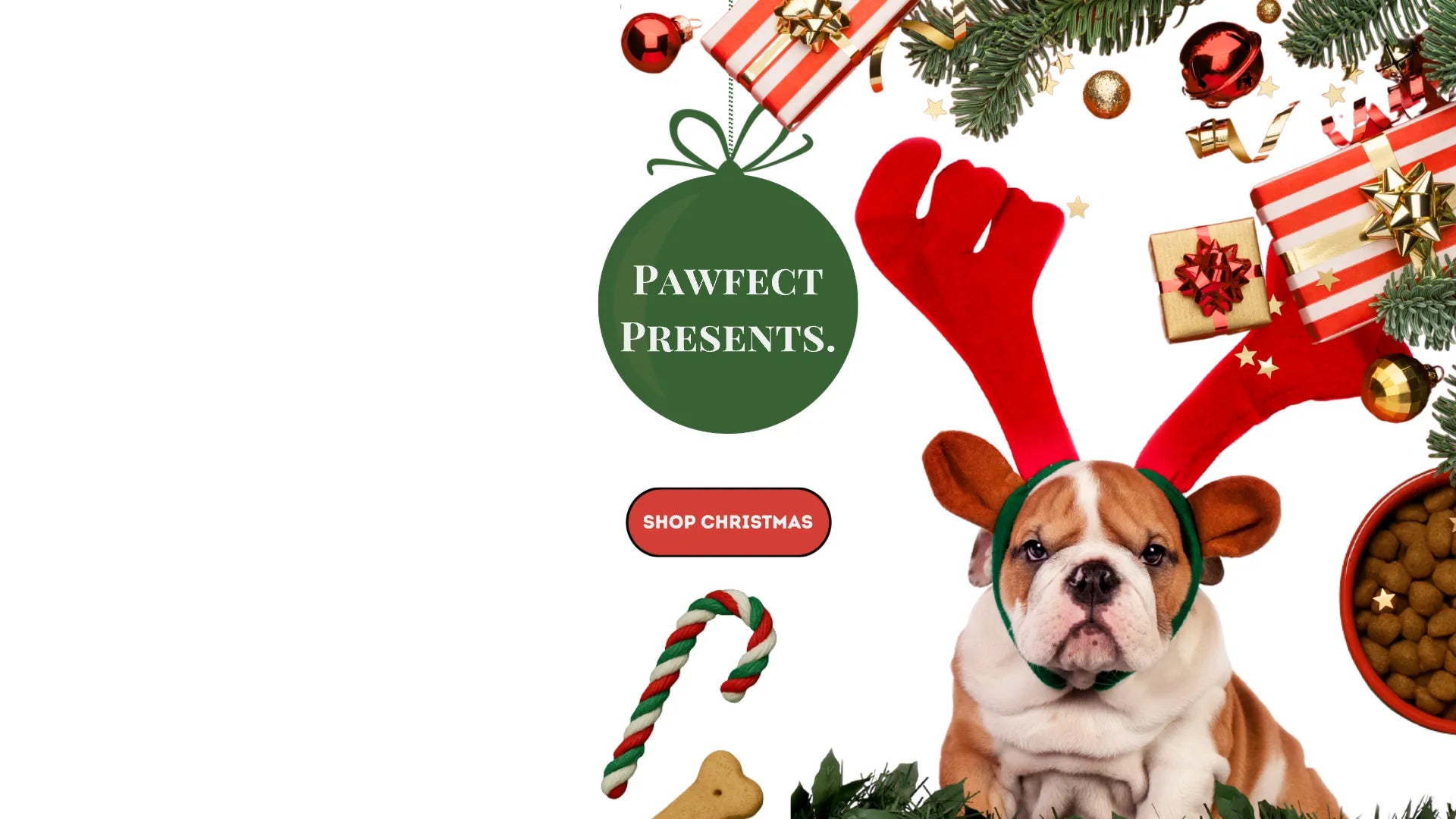 Dog wearing reindeer antlers with Christmas decorations and 'Pawfect Presents' branding.