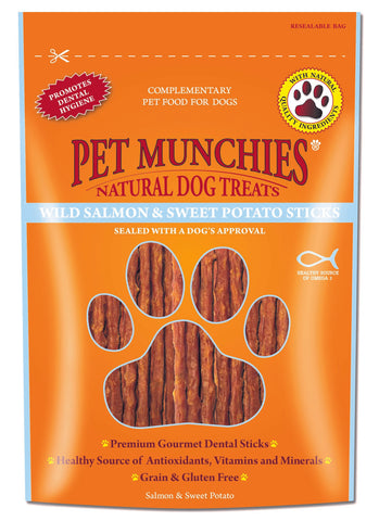 Pet Munchies Dog Treats - Wild Salmon & Sweet Potato Dental Sticks 90g
