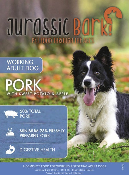 Jurassic Bark GF Adult Pork with Sweet Potato & Apple Working Dog 15kg